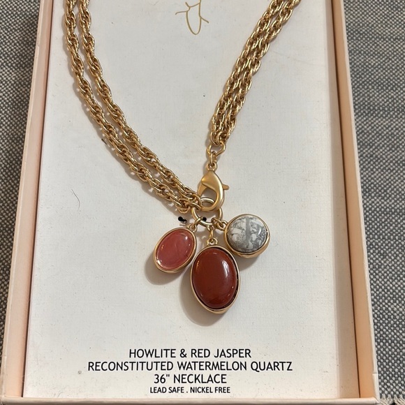 Gold Necklace with Red Jasper and White Stones with Watermelon Quartz - Picture 1 of 3